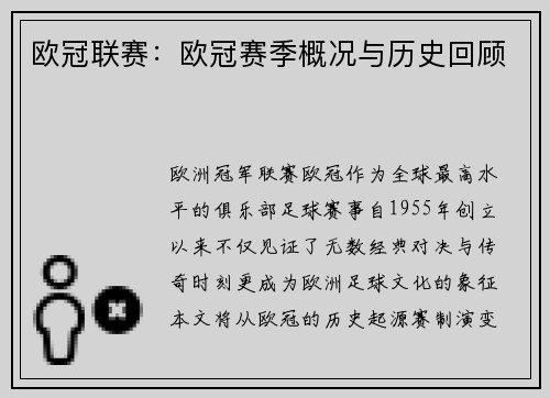 欧冠联赛：欧冠赛季概况与历史回顾