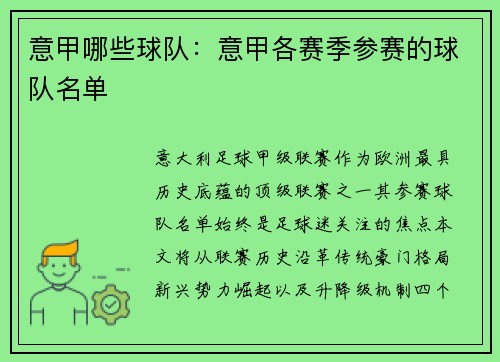 意甲哪些球队：意甲各赛季参赛的球队名单
